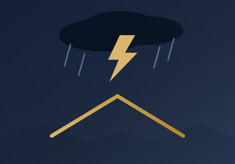 Illustration: storm cloud with lightning and rain above a roofline
